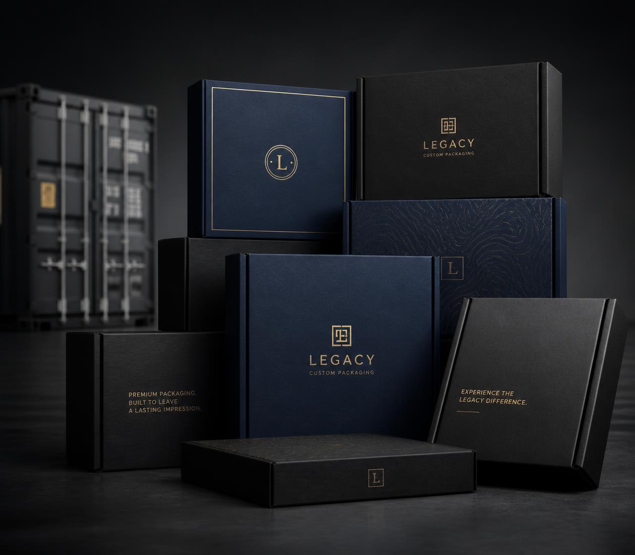Custom luxury perfume and beauty packaging boxes in navy and gold sourced for GCC brands