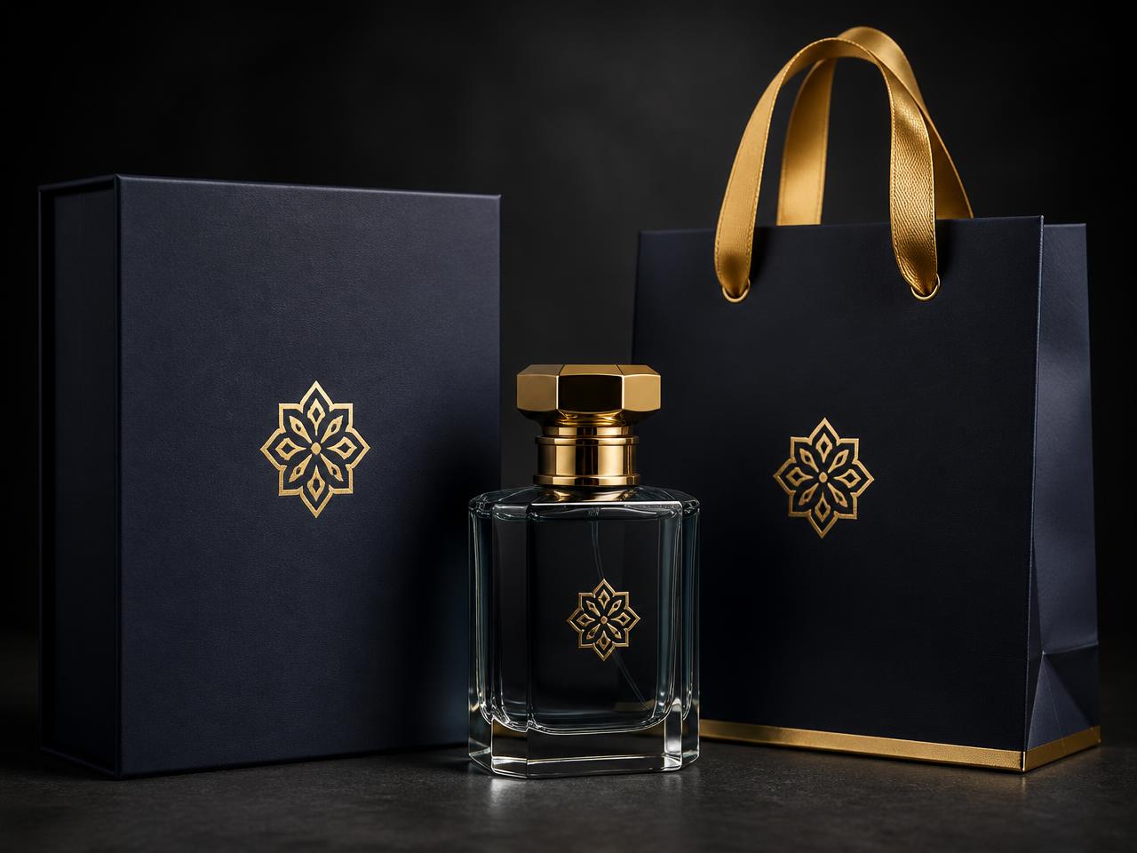 Custom perfume packaging: navy rigid magnetic box, gold-capped fragrance bottle and gold-foiled shopping bag for a GCC fragrance brand